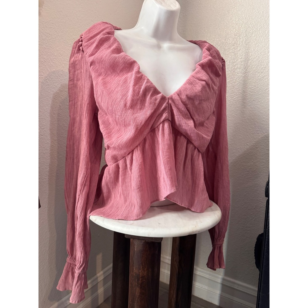 Free People Pink Crinkle Gauze Daia Blouse Long Sleeve Open Back Small